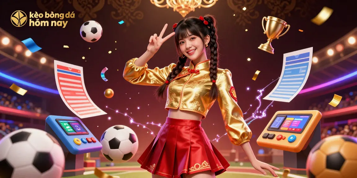 Celebrate kèo bóng đá hôm nay with vibrant sports betting visuals, energetic characters, and colorful betting slips.