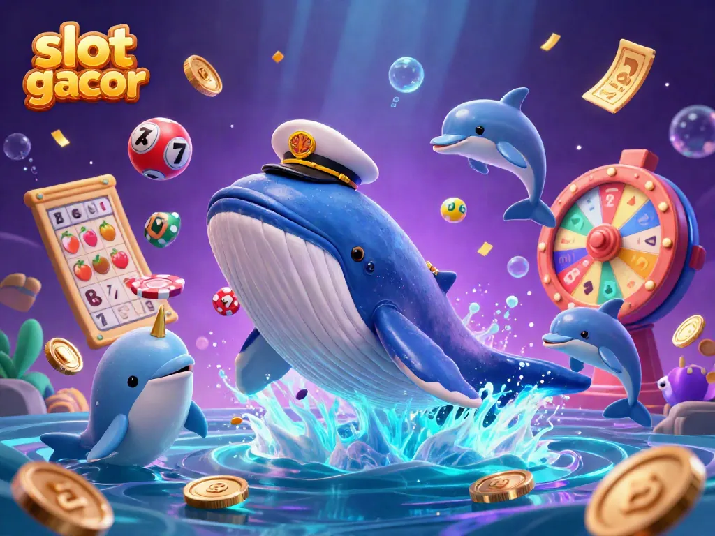 Experience the thrill of slot gacor with a vibrant underwater scene featuring a whale, narwhal, and dolphins amidst lottery balls and golden coins.