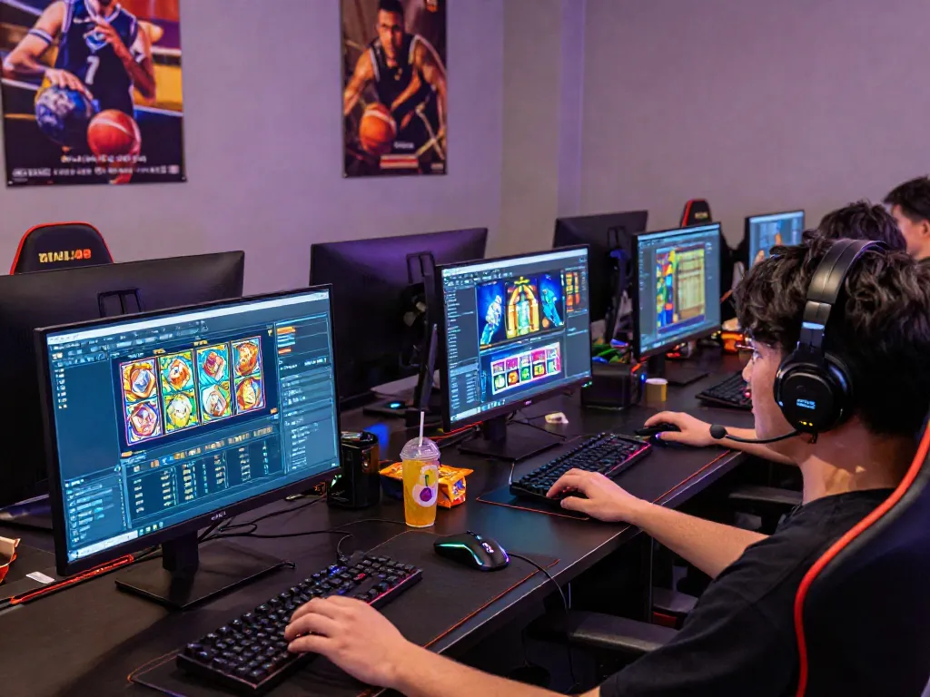 Excited gamer immersed in the TA88 online gaming experience with vibrant screens and gaming gear.