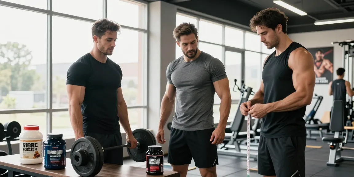 Aktive Bodybuilder im Steroid Shop Deutschland, die Muskeln messen und Fitnessprodukte vergleichen.