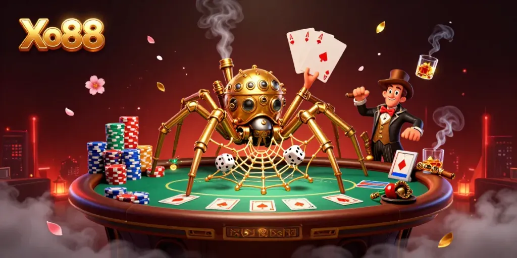 Xo88 showcases a dynamic 3D casino scene with a steampunk spider and poker elements in action.