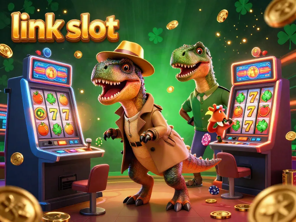 Experience the excitement of link slot machines with a cartoon velociraptor and friends in a dynamic casino scene.