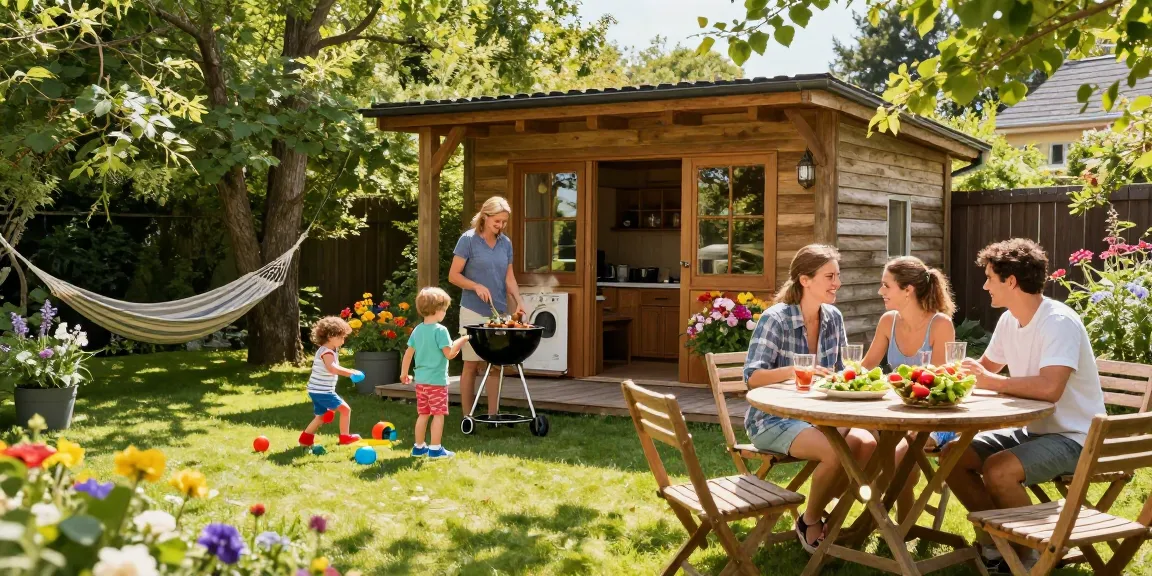 Familie genießt Zeit im Garten mit einem Garten Haus und einem gemütlichen Ambiente.