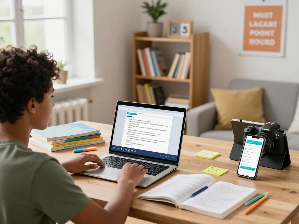 Student, der Hausaufgaben KI kostenlos in einer hellen Lernumgebung mit digitalen Werkzeugen und Lehrbüchern nutzt.