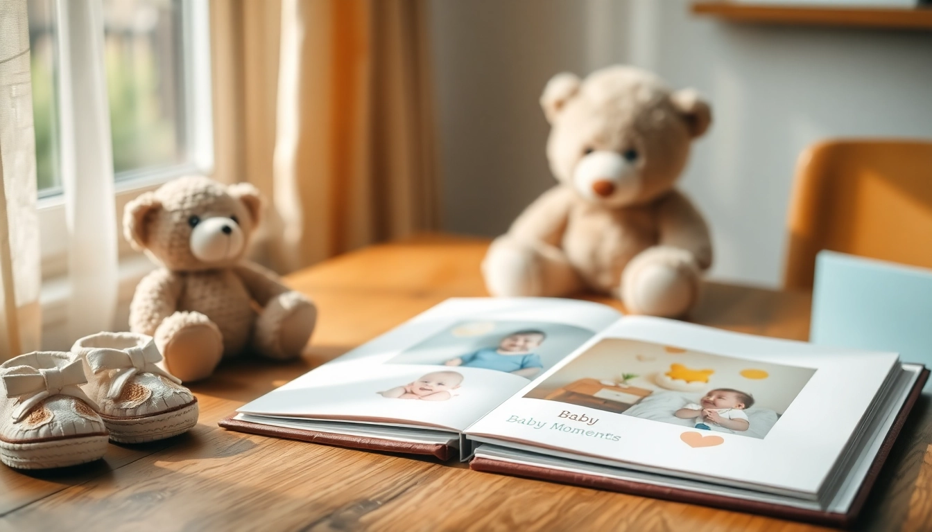 Persönliches Babyalbum mit liebevollem Design und Erinnerungsstücken auf einem Tisch.