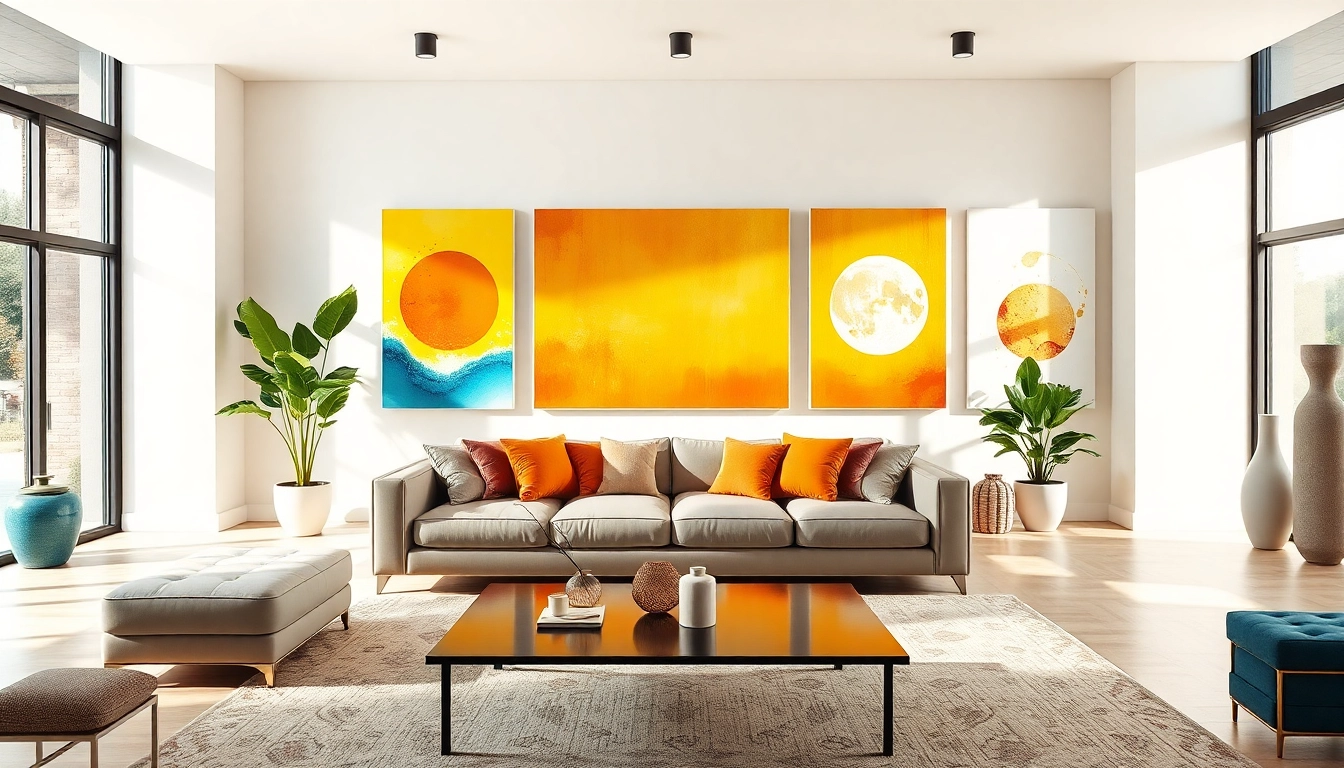 Schöne leinwandbilder in einem modernen Wohnzimmer, die Kreativität und Farbenvielfalt zeigen.