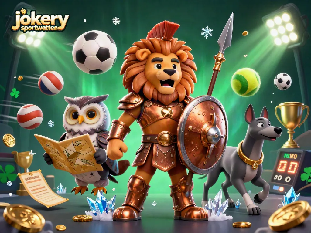 Engage in jokery sportwetten action with a Spartan lion, owl strategist, and greyhound messenger amidst dynamic sports elements.