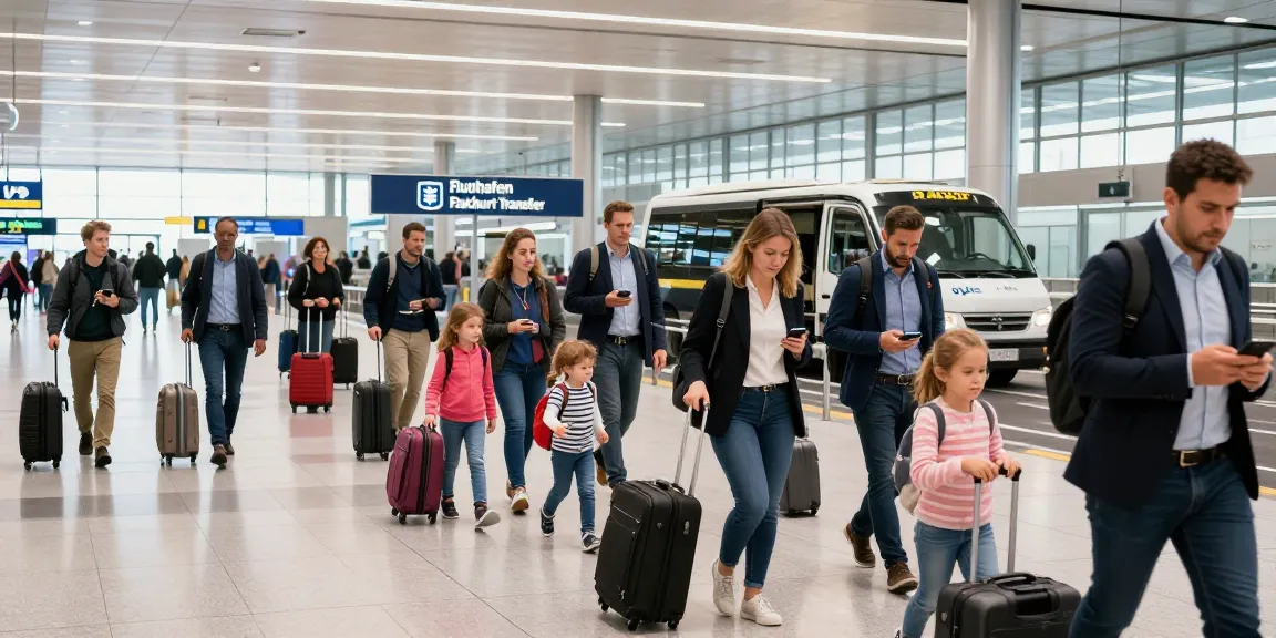 Flughafen Frankfurt transfer scene with travelers and shuttle service at airport exit.