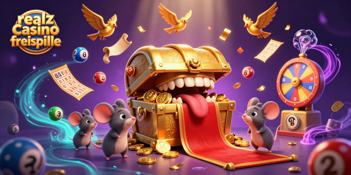 Erlebe aufregende realz casino freispiele mit bunten Lottery-Bällen und einem goldenen Schatz.