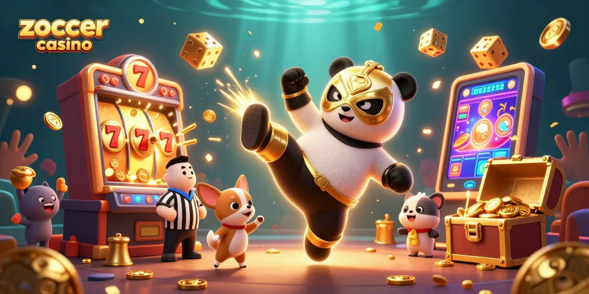 Zoccer casino scene with panda wrestler and chihuahua referee amidst exploding slot machine symbols and golden confetti.