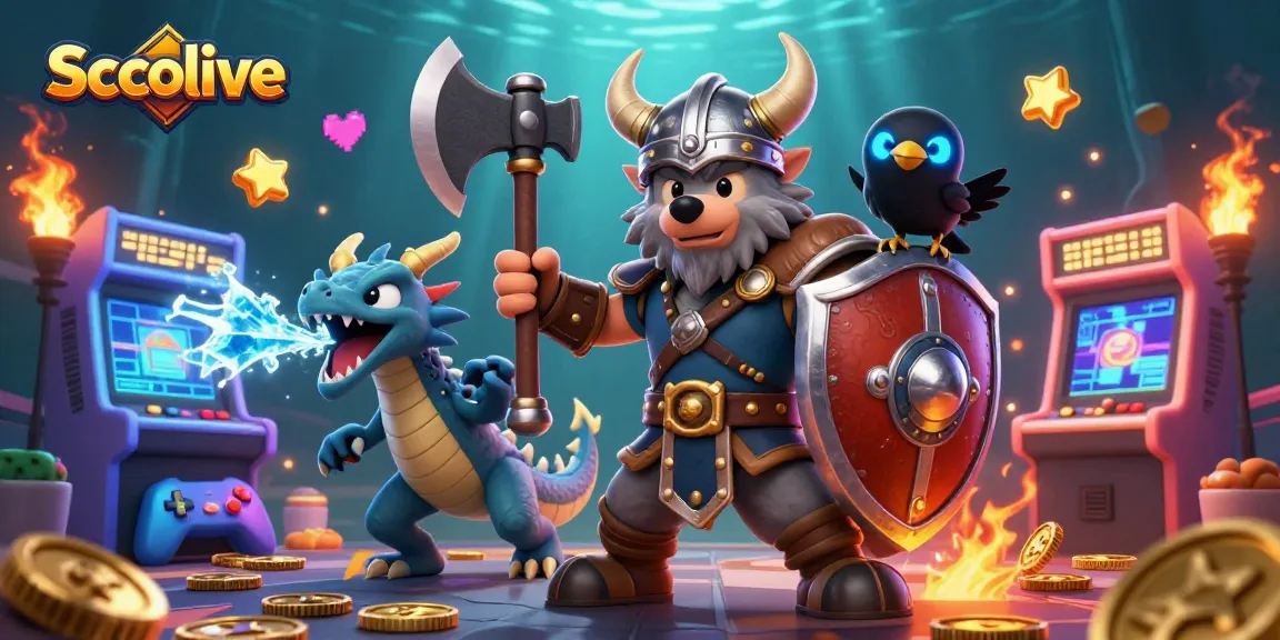 Socolive platform showcasing a Viking wolf warrior and dragon in an exciting gaming scene filled with colorful arcade elements.