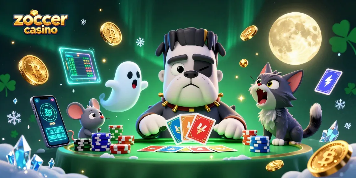 Zoccer Casino showcases a 3D Frankenstein bulldog dealer with crypto coins, enticing players at an exciting gaming table.