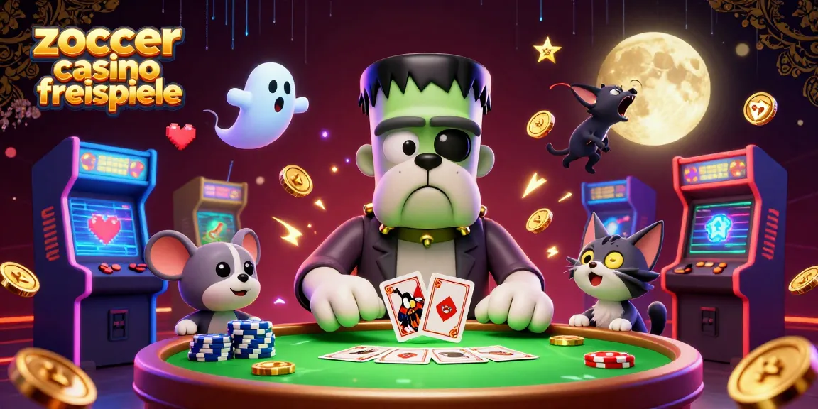 Genieße die Zoccer Casino Freispiele mit fröhlichen Charakteren an einem Glücksspieltisch.
