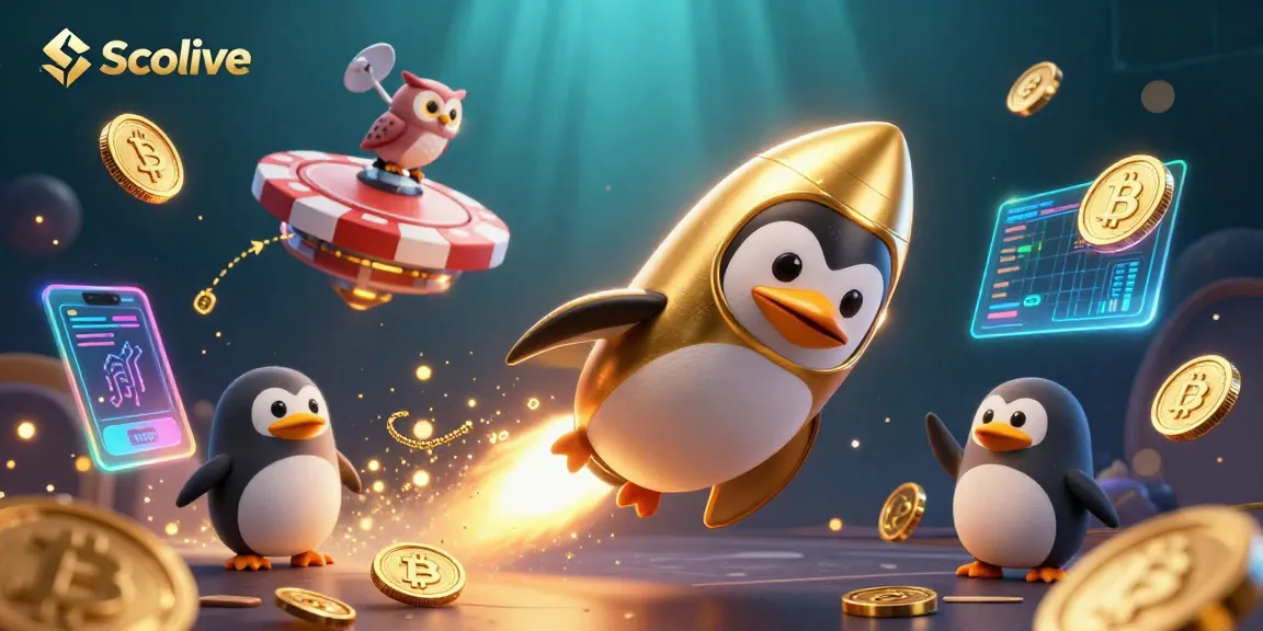 Socolive offers an engaging and dynamic experience with a golden rocket-powered penguin, casino space elements, and crypto themes.