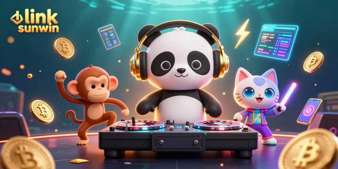 Experience the vibrant scene of link sunwin with a DJ panda, dancing monkey, and rave kitten in an exciting casino environment.
