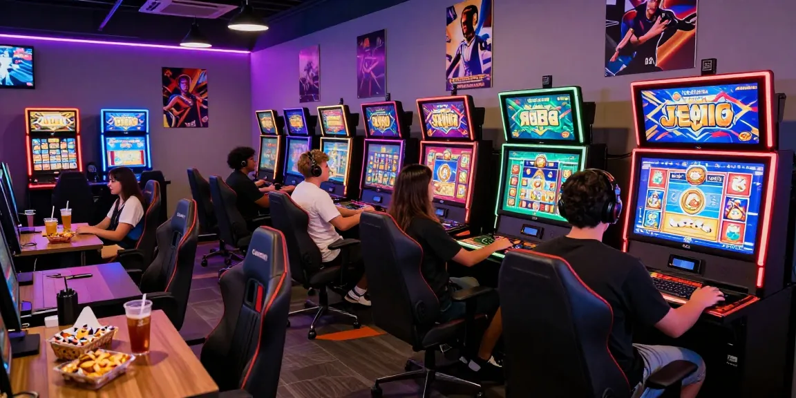 Dynamic gaming scene featuring players enjoying สล็อตเว็บตรง online slot machines in an immersive lounge with colorful LED lights.