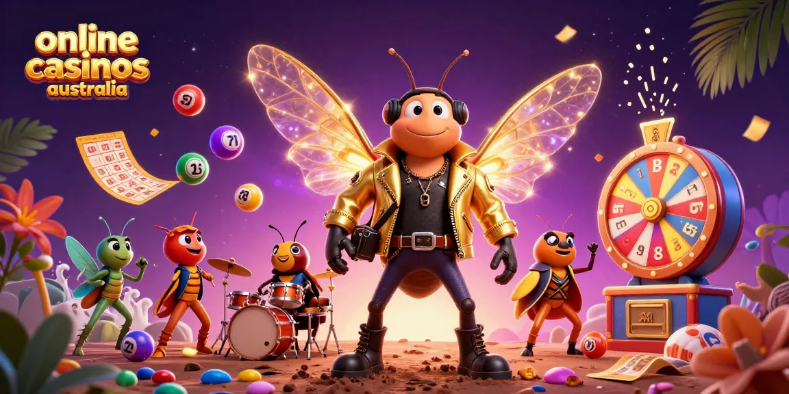 Engage with online casinos Australia through vibrant scenes of a cicada rock star and lottery elements.